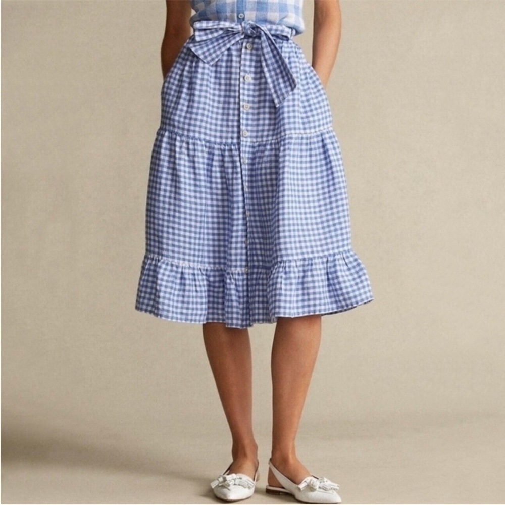 NWT Polo Ralph Lauren Linen Gingham Tiered Midi Skirt Blue/White - Picture 1 of 9